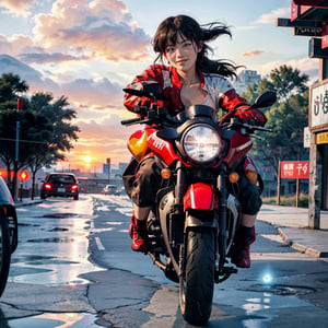 (4k), (masterpiece), (best quality), (realistic), (cinematic　lighting), (epic), photo real, ((whole body)), motion shot, full body, ((The background is blurred due to high speed movement)), young Japanese girl, glossy black short hair, (((small face))), large breasts, ((red biker jacket,A picture of a capsule is drawn on the back.)), ride on red colour [[kaneda's motorcycle, low and long]], hair blown by the breeze, Blunt bangs, shy smile, sunset_scenery_background, 