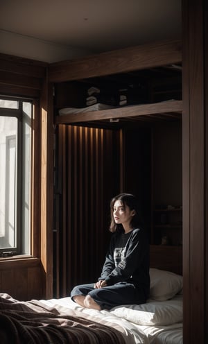 A young woman sits precariously on the edge of a narrow one-berth bed, its worn fabric creaking under her weight, the wooden frame stretching out like skeletal fingers. The windowless walls seem to shrink in around her, oppressive and confining, with artificial lighting casting an eerie glow that accentuates every detail. She gazes up at...