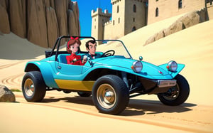 Dune Buggy, Lupin the 3rd, Lupin and Fujiko driving buggy, Castle of Cagliostro, 
(full body:1.0), from bellow, high quality skin texture rendering, curved body, masterpiece, 8k, high resolution, ghibli, ,r0b0cap