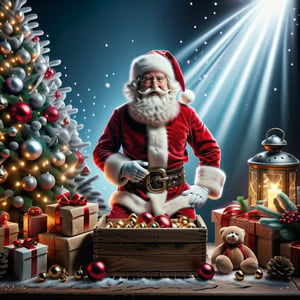 cowboy shot, ((Santa Claus is standing with the box in his hand)), The box is transparent and contains a teddy bear, 