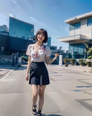 kaiyuukan, storefront, outdoors, crowd, day, cityscape, city, blue sky, real world location, sky, scenery, walking,
(1girl solo:1.5), Full Body Shot, ((solo focus)), black hair, short sleeves, blurry, school uniform, 
(Top Quality, Masterpiece), Realistic, Ultra High Resolution, Complex Details, Exquisite Details and Texture, Realistic, Beauty, japanese litlle girl, ((Amused, Laugh)), (super-short-hair:1.2), bangs, (Thin Body), round face, (flat chest:1.0), , aquarium