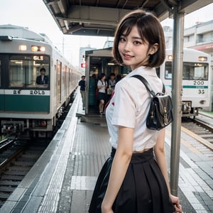 OsakaMetro20, train, scenery, outdoors, real world location, train station, building, day, railroad tracks, 
(1girl solo:1.5), from_behind, ((solo focus)), black hair, short sleeves, blurry, school uniform, a student standing on the platform at a railway station, 
(Top Quality, Masterpiece), Realistic, Ultra High Resolution, Complex Details, Exquisite Details and Texture, Realistic, Beauty, japanese litlle girl, ((Amused, Laugh)), (super-short-hair:1.2), bangs, (Thin Body), round face, (flat chest:1.0), pastelbg, 