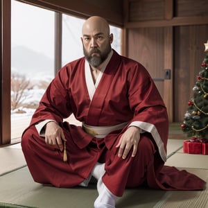 ((Santa Claus)), detailed face with wrinkles, (bald head), (shaved head), ((white beard)), Aged 70+, wearing a ((totally) (red colored Chinese Shao Lin Monk long robe), (loose red colored monk pants underneath),  (Tabi socks)), The monk is meditating in zazen on Tatami, with Christmas Tree, The monk is (practicing Qigong exercises), Photorealistic, full_length_portrait,washitsu,kratosGOW_soul3142, 1boy,