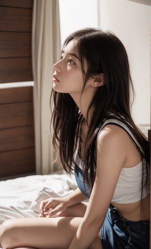 A young woman sits on the edge of a narrow one-berth bed, surrounded by windowless walls that seem to close in around her. Artificial lighting casts an eerie glow, devoid of shadows, as she looks up with a puzzled expression. Her disheveled hair and frazzled attire convey a sense of desperation, as if she's been trapped for some time without a clear escape route.