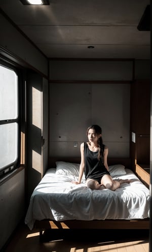 A dimly lit chamber with windowless walls: stark concrete or metal surfaces devoid of natural illumination. Artificial light casts a flat, shadow-less glow, illuminating the scene with an air of unease. A young woman perches on the edge of a small single berth bed, her eyes wide with bewilderment and panic as she takes in her confinement without an exit door in sight. Her distress is amplified by the sterile atmosphere and eerie lighting, emphasizing the sense of entrapment.