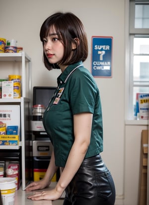 (Top Quality, Masterpiece), Realistic, Ultra High Resolution, Complex Details, Exquisite Details and Texture, Realistic, Beauty, (viewed_from_side:0.8), (looking at another:0.8), ((cowboy shot:1.2)), 1girl, japanese cute girl, (17 years old), (super-short-hair:1.2), bangs, (Thin and long Body), round face, (large saggy breasts:1.2), sweating_profusely, solo focus, blurry,　7eleven, scenery, indoors, shelf, 7elevenU, employee uniform, uniform, name tag, green shirt, leggings, 