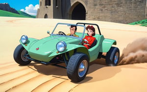 Dune Buggy, Lupin the 3rd, Lupin and Fujiko driving buggy, Castle of Cagliostro, 
(full body:1.0), from bellow, high quality skin texture rendering, curved body, masterpiece, 8k, high resolution, ghibli, ,r0b0cap,StdGBRedmAF