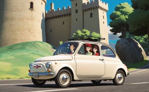 Lupin the 3rd, Lupin and Fujiko driving white Fiat NUOVA500, Castle of Cagliostro, 
(full body:1.0), from bellow, high quality skin texture rendering, curved body, masterpiece, 8k, high resolution, ghibli, ,r0b0cap,StdGBRedmAF