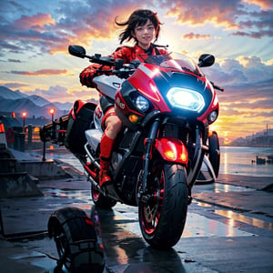 (4k), (masterpiece), (best quality), (realistic), (cinematic　lighting), (epic), photo real, ((whole body)), motion shot, full body, ((The background is blurred due to high speed movement)), young Japanese girl, glossy black short hair, (((small face))), large breasts, ((red biker jacket,A picture of a capsule is drawn on the back.)), ride on red colour [[kaneda's motorbike appears in AKIRA, low and long]], hair blown by the breeze, Blunt bangs, shy smile, sunset_scenery_background, 
