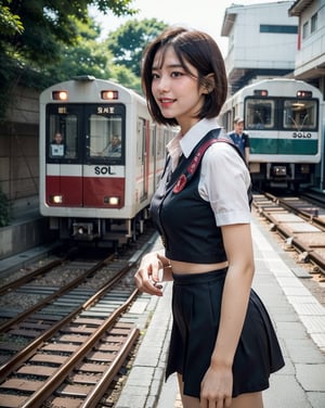 OsakaMetro20, train, scenery, outdoors, real world location, train station, building, day, railroad tracks, 
(1girl solo:1.5), From Side, ((solo focus)), black hair, short sleeves, blurry, school uniform, a student standing on the platform at a railway station, 
(Top Quality, Masterpiece), Realistic, Ultra High Resolution, Complex Details, Exquisite Details and Texture, Realistic, Beauty, japanese litlle girl, ((Amused, Laugh)), (super-short-hair:1.2), bangs, (Thin Body), round face, (flat chest:1.0), ,dream_girl,Nature