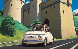 Lupin the 3rd, Lupin and Fujiko driving white Fiat NUOVA500, Castle of Cagliostro, 
(full body:1.0), from bellow, high quality skin texture rendering, curved body, masterpiece, 8k, high resolution, ghibli, ,r0b0cap,StdGBRedmAF