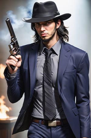 (Gunfight at the bar), (1male solo:1.2), (thrilling gun action:1.2), ((solo focus)), (blurry), (Infuriated face:1.0), looking away, jigen daisuke, haggard face, black hair, (very long back hair:1.5), (sideburns:1.2), (long goatee:2.0), (wear a black hat over his eyes:1.2), (skinny body), navy blue suit, worn out suit, gray shirt, loose black tie, (smoke the butts:1.2), (Smith&Wesson Model19 in right hand:1.8), (shoot the gun:1.5), 
(Top Quality, Masterpiece), Realistic, Ultra High Resolution, Complex Details, Exquisite Details and Texture, Realistic, Stylish,SalomanElfric, ,action shot