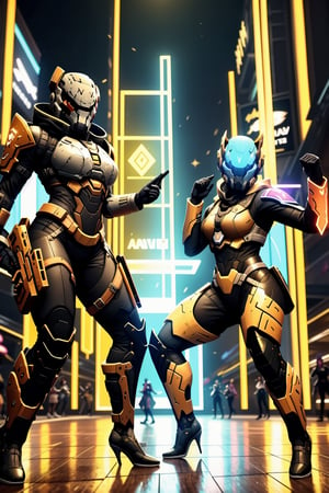 A fiery holo-screen glows in the dimly lit, neon-lit streets of the Last City's entertainment district. The camera pans across a crowded dance floor as Guardians from all over gather to compete in a thrilling dance-off. Zavala and Cayde-6 look on, smiling, as two opponents face off: one a skilled Warlock with an ethereal aura, the other a charismatic Hunter wielding a pair of glowing gauntlets.
,haven trooper