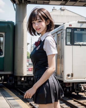 OsakaMetro20, train, scenery, outdoors, real world location, train station, building, day, railroad tracks, 
(1girl solo:1.5), From Behind, ((solo focus)), black hair, short sleeves, blurry, school uniform, a student standing on the platform at a railway station, 
(Top Quality, Masterpiece), Realistic, Ultra High Resolution, Complex Details, Exquisite Details and Texture, Realistic, Beauty, japanese litlle girl, ((Amused, Laugh)), (super-short-hair:1.2), bangs, (Thin Body), round face, (flat chest:1.0), ,dream_girl,Nature,midjourney,Realism,pastelbg,school uniform