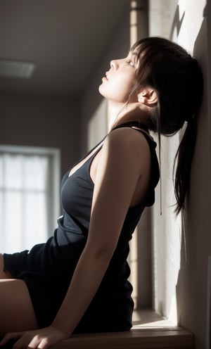 Shot from a low angle, looking up at the young woman's precarious perch on the edge of the bed. Artificial light casts a flat, shadow-less glow, illuminating her frantic expression and highlighting the confinement of the small space. The windowless walls seem to press in, amplified by the eerie lighting that accentuates her distress.