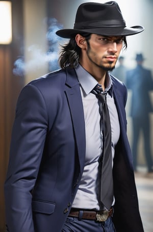 (Gunfight at the bar), (1male solo:1.2), (thrilling gun action:1.2), ((solo focus)), (blurry), (Infuriated face:1.0), looking away, jigen daisuke, haggard face, black hair, (very long back hair:1.5), (sideburns:1.2), (long goatee:2.0), (wear a black hat over his eyes:1.2), (skinny body), navy blue suit, worn out suit, gray shirt, loose black tie, (smoke the butts:1.2), (Smith&Wesson Model19 in right hand:1.8), (shoot the gun:1.5), 
(Top Quality, Masterpiece), Realistic, Ultra High Resolution, Complex Details, Exquisite Details and Texture, Realistic, Stylish,SalomanElfric, ,action shot