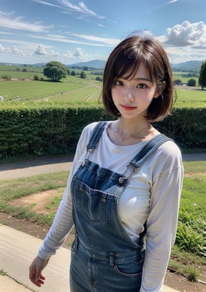 (Top Quality, Masterpiece), Realistic, Ultra High Resolution, Complex Details, Exquisite Details and Texture, Realistic, Beauty, viewed_from_below, ((full body)), 1girl, japanese cute girl, (17 years old), farmer, super-short-hair, bangs, (Thin and Long Body), round face, (large saggy breasts), (long-sleeved shirt, casual), ((Carthartt overalls)), (peaceful countryside view, farm), agricultural work, looking at another, sweating_profusely, perfect, ,pastelbg