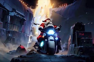 (4k), (masterpiece), (best quality), (realistic), (cinematic　lighting), (epic), photo real, ((Hang-on while cornering)), motion shot, full body, ((The background is blurred due to high speed movement)), Santa Claus carrying an UberEats square bag on his back, ride on black colour [[Harley Davidson]], ((wide open knees)), Santa Claus
