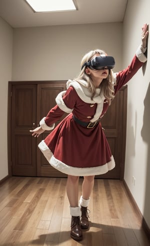 cowboy_shot, 1 Grandpa Santa Claus , Wearing VR goggles, leaning forward, stretch both hands toward the floor, a room with only white walls, pure white empty room, 

(masterpiece:1.3), (best quality:1.2), (intricate detailed:1.2), (hyperrealistic:1.2),
 (professional photograpy:1.1), 