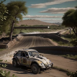 (Top Quality, Masterpiece), Realistic, Ultra High Resolution, Complex Details, Exquisite Details and Texture, Realistic, ((From Side:1.2)), 
Volkswagen Beetle car, (Baja1000 race:1.5), madgod,volkswagen type1, ,pastelbg,Nature