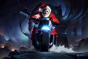 (4k), (masterpiece), (best quality), (realistic), (cinematic　lighting), (epic), photo real, ((turn a curve)), motion shot, full body, ((The background is blurred due to high speed movement)), Santa Claus carrying an UberEats square bag on his back, ride on black colour [[Harley Davidson]], ((wide open knees)), Santa Claus