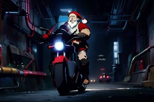 (4k), (masterpiece), (best quality), (realistic), (cinematic　lighting), (epic), photo real, ((cornering view, whole body)), motion shot, full body, ((The background is blurred due to high speed movement)), Santa Claus carrying an Uber Eats bag on his back, ride on black colour [[Harley Davidson]] big custom chopper bike, ((wide open knees)), hair blown by the breeze, Blunt bangs, Santa Claus