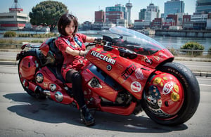 (1girl solo:1.2), full Body, from front, from above, ((solo focus)), (blurry), (Infuriated face:1.0), looking away, black hair, short sleeves, school uniform, a student riding on the akirabike, ((drive on the highway)), ((highspeed riding)), ((drift turn)), ((stunt driving:1.2)), 
(Top Quality, Masterpiece), Realistic, Ultra High Resolution, Complex Details, Exquisite Details and Texture, Realistic, Beauty, japanese cute girl, (super-short-hair:1.2), bangs, (Thin Body), round face, 17 years old, (huge saggy breasts:1.2), a red akirabike, ,a red akirabike