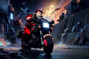 (4k), (masterpiece), (best quality), (realistic), (cinematic　lighting), (epic), photo real, ((side view, whole body)), motion shot, full body, ((The background is blurred due to high speed movement)), Santa Claus carrying an Uber Eats bag on his back, ride on black colour [[Harley Davidson]] big custom chopper bike, ((wide open knees)), hair blown by the breeze, Blunt bangs, Santa Claus