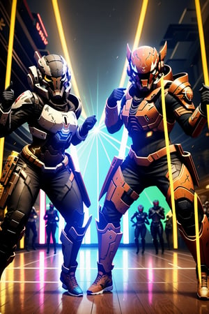A fiery holo-screen glows in the dimly lit, neon-lit streets of the Last City's entertainment district. The camera pans across a crowded dance floor as Guardians from all over gather to compete in a thrilling dance-off. Zavala and Cayde-6 look on, smiling, as two opponents face off: one a skilled Warlock with an ethereal aura, the other a charismatic Hunter wielding a pair of glowing gauntlets.
,haven trooper