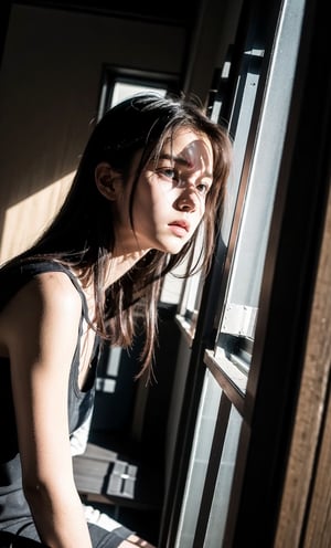 A close-up shot of a young woman's distressed face, sitting on the edge of a small single berth bed in a secret room without a door. The space is enclosed by windowless walls, lit only by artificial light that casts no shadows, creating an eerie atmosphere. Her expression is one of utter confusion and desperation as she surveys her confined surroundings, her eyes scanning the dull, featureless walls with a mix of fear and resignation.