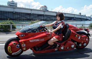 (1girl solo:1.5), full Body, ((solo focus)), (blurry background), looking away, black hair, short sleeves, school uniform, a student riding on the akirabike, ((drive on the highway)), ((highspeed riding)), ((drift turn)), ((tire smoke)), 
(Top Quality, Masterpiece), Realistic, Ultra High Resolution, Complex Details, Exquisite Details and Texture, Realistic, Beauty, japanese cute girl, (super-short-hair:1.2), bangs, (Thin Body), round face, 17 years old, (huge saggy breasts:1.2), a red akirabike, ,super_automobile