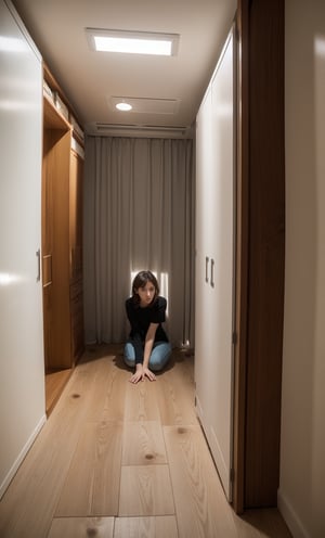 a girl, ((secret room without a door)), (one berth), ((surrounded by windowless walls)), artificial light without shadows, a trapped woman, (very confused woman), 