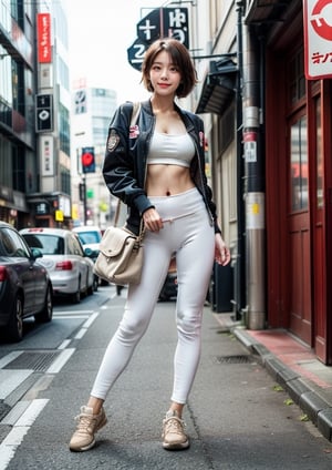 (Top Quality, Masterpiece), Realistic, Ultra High Resolution, Complex Details, Exquisite Details and Texture, Realistic, Beauty, viewed_from_below, ((full body)), 1girl, japanese cute girl, (17 years old), super-short-hair, bangs, (Thin and Long Body), round face, (large saggy breasts), (bomber Jacket), (white shirt), ((beige leggings)), ((new balance 996)), (Downtown Shibuya), ((street, walking)), looking at another, sweating_profusely, perfect,