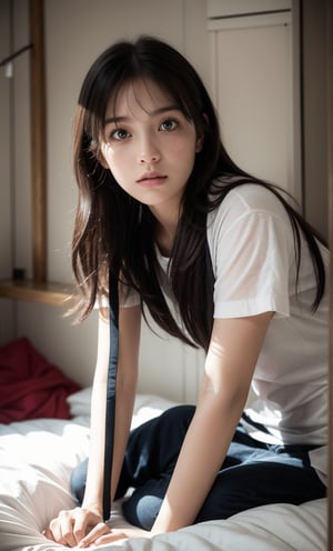 A close-up shot of a disheveled and confused young woman sitting on the edge of a single bed in a small, enclosed space. The room is surrounded by windowless walls, with artificial lighting casting an eerie glow. Her eyes are wild with fear as she looks around the cramped quarters, her hands grasping at the fabric of the bedding as if searching for escape.