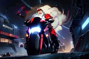 (4k), (masterpiece), (best quality), (realistic), (cinematic　lighting), (epic), photo real, ((turn a curve)), motion shot, full body, ((The background is blurred due to high speed movement)), Santa Claus carrying an UberEats square bag on his back, ride on black colour [[Harley Davidson]], ((wide open knees)), Santa Claus