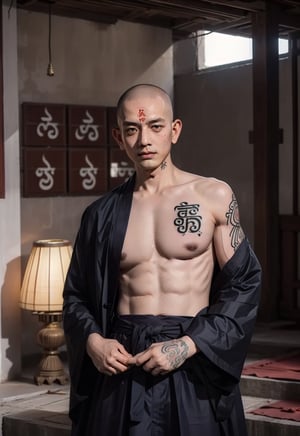 ((The entire skin is completely covered with Sanskrit characters:1.3)), ((full nakid:1.3)), a buddhist monk, ((shaved head:1.3)), 
A monk is a person who leaves home and enters the Buddhist monastery. A person who follows the teachings of Buddhism and practices ascetic practices. 1boy, tattoo