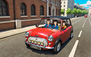 Lupin the 3rd, Lupin and Fujiko driving austin mini cooper, London city, 
(full body:1.0), from bellow, high quality skin texture rendering, curved body, masterpiece, 8k, high resolution, ghibli, ,r0b0cap,StdGBRedmAF