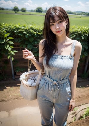 (Top Quality, Masterpiece), Realistic, Ultra High Resolution, Complex Details, Exquisite Details and Texture, Realistic, Beauty, viewed_from_below, ((full body)), japanese cute girl, (17 years old), farmer, super-short-hair, bangs, (Thin and Long Body), round face, (large saggy breasts), ((cotton work jumpsuit)), ((doing farmwork:1.3)), (looking at another), sweating_profusely, perfect, ,pastelbg