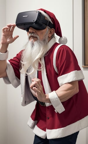 cowboy_shot, 1 Grandpa Santa Claus , Wearing VR goggles, leaning forward, stretch both hands toward the floor, a room with only white walls, pure white empty room, 

(masterpiece:1.3), (best quality:1.2), (intricate detailed:1.2), (hyperrealistic:1.2),
 (professional photograpy:1.1), 