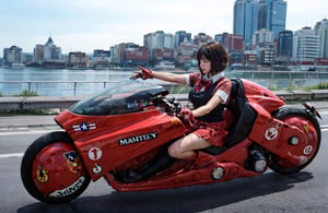 (1girl solo:1.5), full Body, ((solo focus)), (blurry background), looking away, black hair, short sleeves, school uniform, a student riding on the akirabike, ((drive on the highway)), ((highspeed riding)), ((drift turn)), ((tire smoke)), 
(Top Quality, Masterpiece), Realistic, Ultra High Resolution, Complex Details, Exquisite Details and Texture, Realistic, Beauty, japanese cute girl, (super-short-hair:1.2), bangs, (Thin Body), round face, 17 years old, (huge saggy breasts:1.2), a red akirabike, ,super_automobile