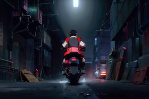 (4k), (masterpiece), (best quality), (realistic), (cinematic　lighting), (epic), photo real, ((back view, whole body)), motion shot, full body, ((The background is blurred due to high speed movement)), Santa Claus carrying an Uber Eats bag on his back, ride on black colour [[Harley Davidson]] big custom chopper bike, ((wide open knees)), hair blown by the breeze, Blunt bangs, Santa Claus