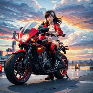 (4k), (masterpiece), (best quality), (realistic), (cinematic　lighting), (epic), photo real, ((whole body)), motion shot, full body, ((The background is blurred due to high speed movement)), young Japanese girl, glossy black short hair, (((small face))), large breasts, ((red biker jacket,A picture of a capsule is drawn on the back.)), ride on red colour [[kaneda's motorcycle, bimotaTESI-H2]], hair blown by the breeze, Blunt bangs, shy smile, sunset_scenery_background, 