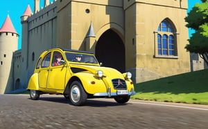 Lupin the 3rd, Lupin and Fujiko driving Citroen 2CV, Castle of Cagliostro, 
(full body:1.0), from bellow, high quality skin texture rendering, curved body, masterpiece, 8k, high resolution, ghibli, ,r0b0cap,StdGBRedmAF