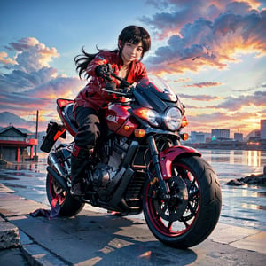 (4k), (masterpiece), (best quality), (realistic), (cinematic　lighting), (epic), photo real, ((whole body)), motion shot, full body, ((The background is blurred due to high speed movement)), young Japanese girl, glossy black short hair, (((small face))), large breasts, ((red biker jacket,A picture of a capsule is drawn on the back.)), ride on red colour [[kaneda's motorbike appears in AKIRA, low and long]], hair blown by the breeze, Blunt bangs, shy smile, sunset_scenery_background, 