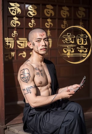 ((full nakid:1.3)), a buddhist monk, ((shaved head:1.3)), ((all over skin written Sutras in Sanskrit:1.3)), 
A monk is a person who leaves home and enters the Buddhist monastery. A person who follows the teachings of Buddhism and practices ascetic practices. 1boy,HOG_Calligraphy_Tatoo, basket