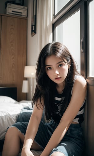 A close-up shot of a disheveled and confused young woman sitting on the edge of a single bed in a small, enclosed space. The room is surrounded by windowless walls, with artificial lighting casting an eerie glow. Her eyes are wild with fear as she looks around the cramped quarters, her hands grasping at the fabric of the bedding as if searching for escape.