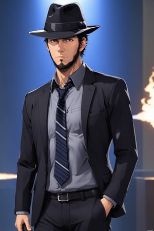 (1male solo:1.2), full Body, from front, from above, ((solo focus)), (blurry), (Infuriated face:1.0), looking away, jigen daisuke, haggard face, black hair, (long back hair:1.5), (sideburns), (long goatee:1.5), wear a black hat over his eyes, navy blue suit, worn out suit, gray shirt, loose black tie, (smoke the butts), Smith&Wesson Model19 in righthand, shoot the gun, (skinny body, long limbs), 
(Top Quality, Masterpiece), Realistic, Ultra High Resolution, Complex Details, Exquisite Details and Texture, Realistic, SalomanElfric,masterpiece,gunatyou,photo r3al