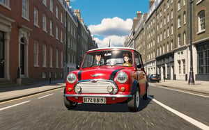 Lupin the 3rd, Lupin and Fujiko driving austin mini cooper, London city, 
(full body:1.0), from bellow, high quality skin texture rendering, curved body, masterpiece, 8k, high resolution, ghibli, ,r0b0cap,StdGBRedmAF