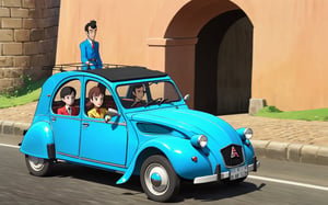 Lupin the 3rd, Lupin and Fujiko driving Citroen 2CV, Castle of Cagliostro, 
(full body:1.0), from bellow, high quality skin texture rendering, curved body, masterpiece, 8k, high resolution, ghibli, ,r0b0cap,StdGBRedmAF