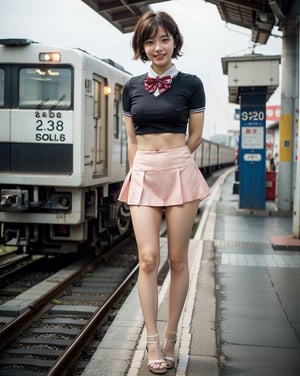 OsakaMetro20, train, scenery, outdoors, real world location, train station, building, day, railroad tracks, 
(1girl solo:1.5), from_behind, ((solo focus)), black hair, short sleeves, blurry, school uniform, a student standing on the platform at a railway station, 
(Top Quality, Masterpiece), Realistic, Ultra High Resolution, Complex Details, Exquisite Details and Texture, Realistic, Beauty, japanese litlle girl, ((Amused, Laugh)), (super-short-hair:1.2), bangs, (Thin Body), round face, (flat chest:1.0), 